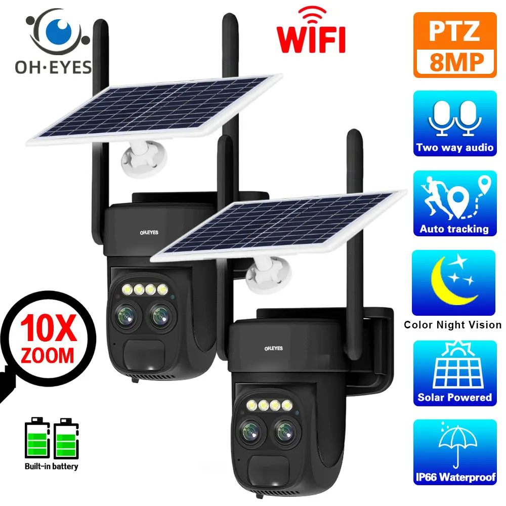 4K 8Mp Dual Lens Solar Wifi Ptz Camera Auto Tracking Outdoor 10X Zoom Color Night Vision Wireless Security Surveillance Cctv Cam