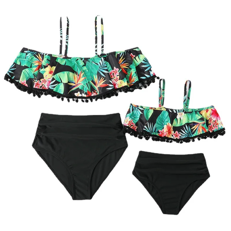

Family Set Flower Mommy and Me Matching Swimwear Boat Neck Mother Daughter Swimsuits Tank Women Girls Bikini Dresses Clothes