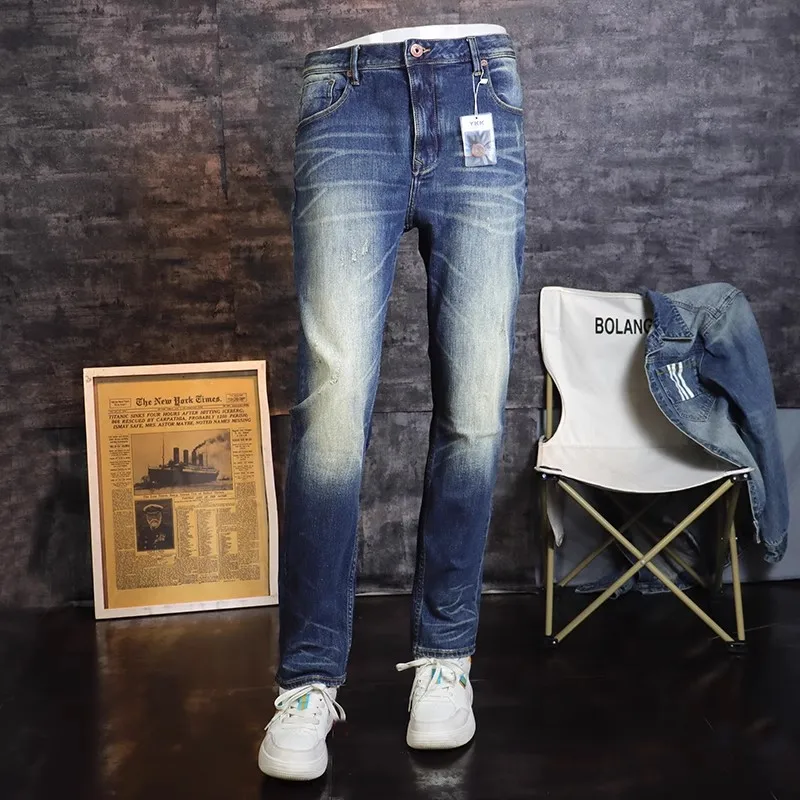 Italian Fashion Designer Men's Jeans High Quality Retro BlueElastic Slim Fit Split Jeans Men's Retro Italian Casual Jeans