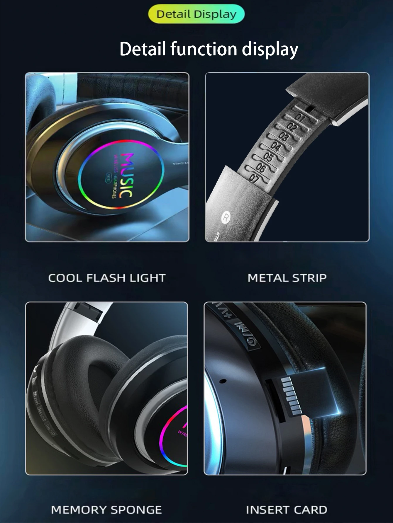 Colorful and cool glowing over-ear Bluetooth headphones with long-lasting battery life,  suitable for gaming and sports. 6
