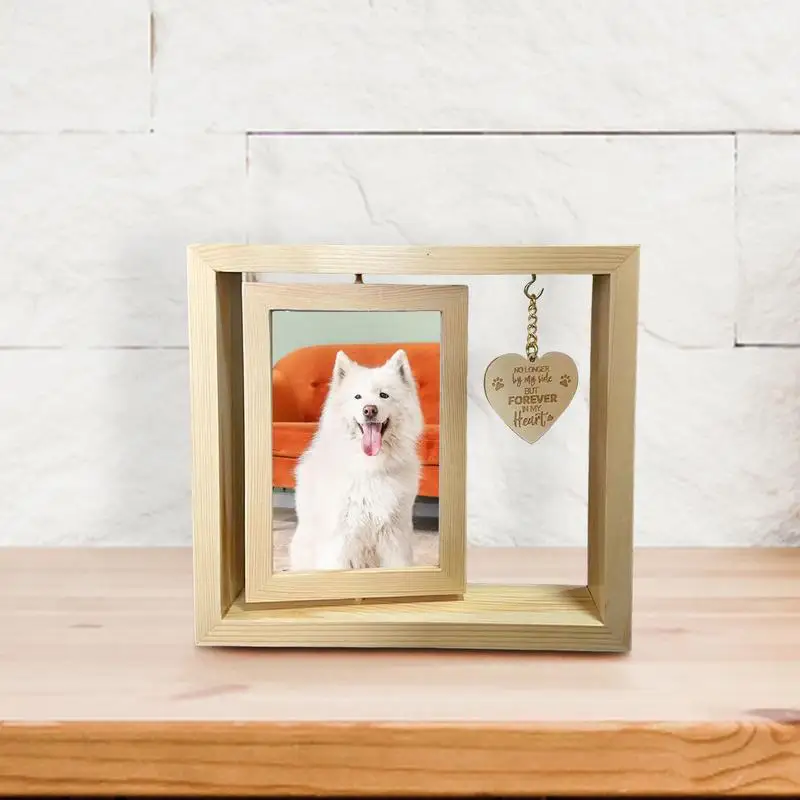 Wooden Dog Memorial Photo Frame Desktop Rotatable Frame Heart Pendant Dog Memorial Home Table Decoration For Bedroom Living Room