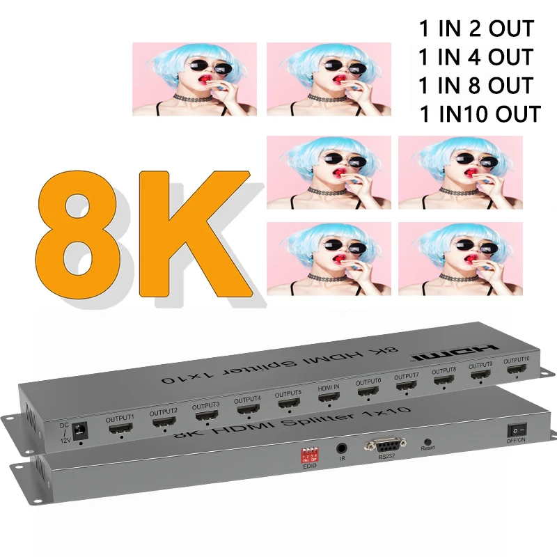 

8K HDMI Splitter 1x10 4K 120Hz HDMI 2.1 Splitter 1 In 10 Out Audio Video Distributor HDR 3D for PS5 PS4 Camera PC To TV Monitor