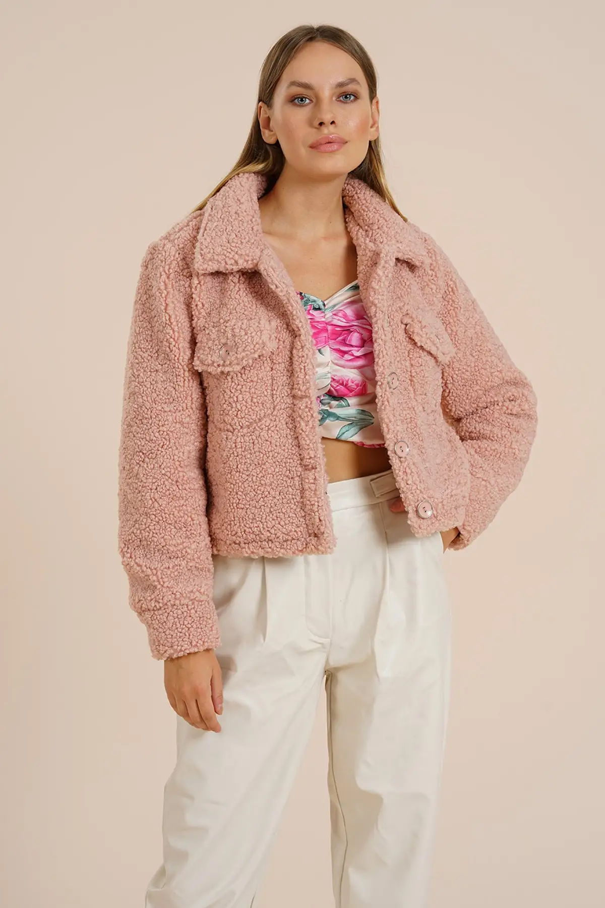 Women Jacket Pink Faux Fur Plush Long Sleeve With Belt Thick Stylish Elegant Useful 2021 Winter Autumn Fashion Outerwear Coats