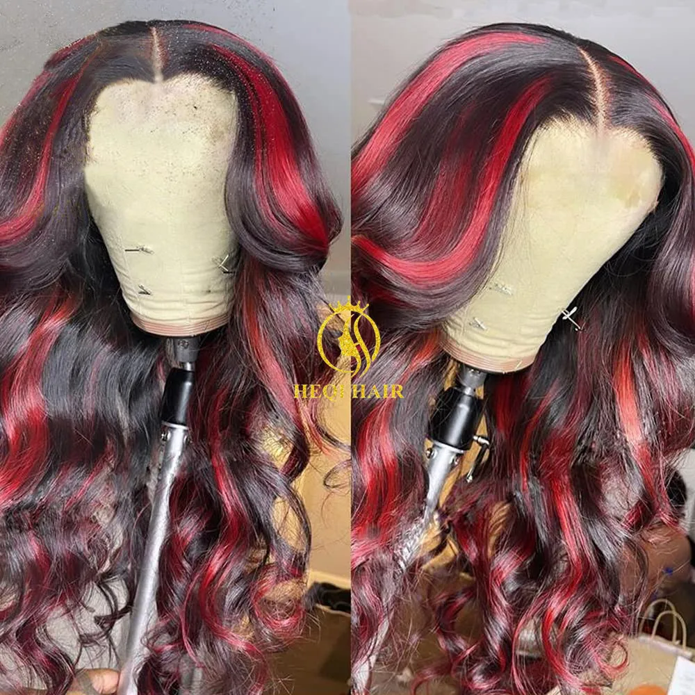 

Highlights Red Lace Front Wig Human Hair Loose Wave Wigs with Baby Hair Blak and Red Glueless Lace Wigs Body Wave Wig For Women