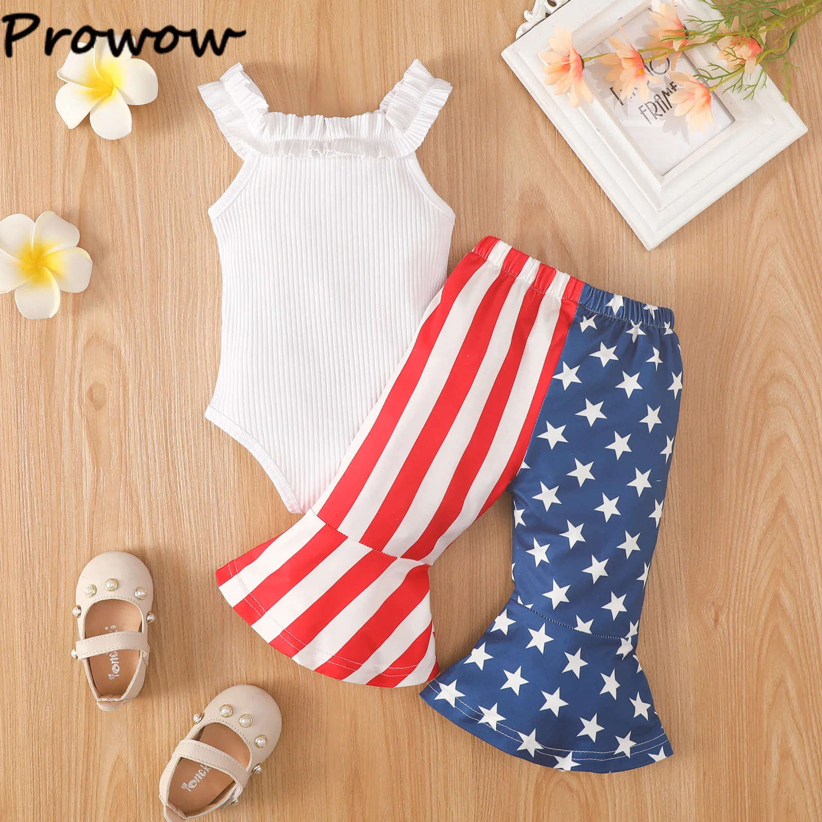 Prowow 0-18 Months Independence Day Outfits Kids American Baby Romper+Stars Stripe Flared Pants Baby 4th Of July Outfit baby clothes mini set