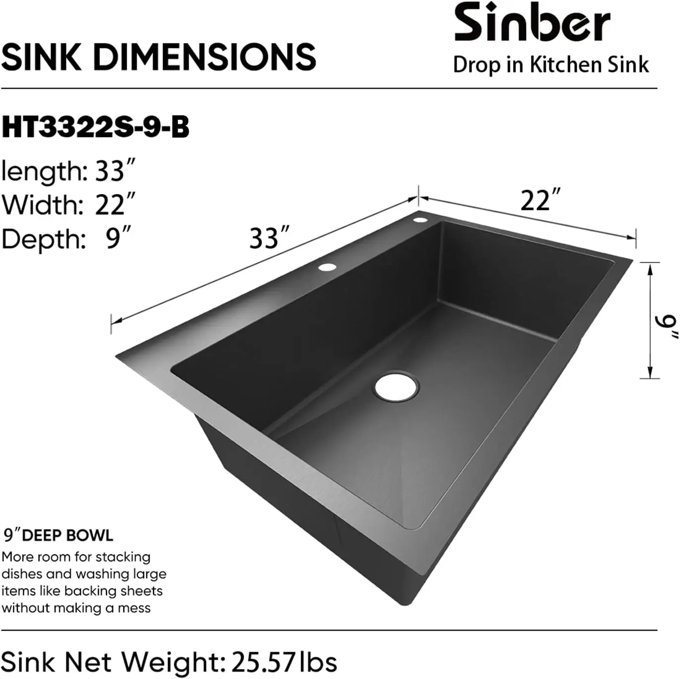 33"" X 22"" X 9"" Drop In Single Bowl Kitchen Sink With 18 Gauge 304 Stainless Steel Black Finish Ht3322S-9-B (Sink Only) 4