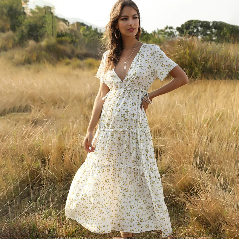 

Women Dress Print Floral Deep V-Neck Short Sleeve Long Dresses Temperament Elegant Patchwork Ruched Ruffles Boho Beach Dress