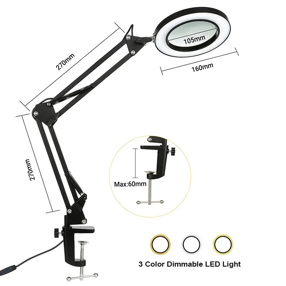 3-farbige 72LED-Lupe-Glaslampe mit 8-facher/10-facher Vergrößerung und USB-betrieben für die Elektronikreparatur, Schreibtischlampe und Präzisions-Schönheitspflege – Detail 7