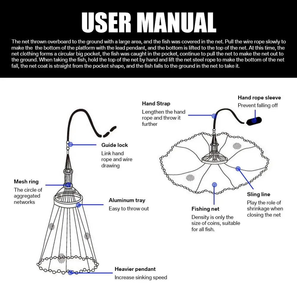 Hand Throw Fishing Net Fishing Net Diameter 2.4M-7.2M Sports Hand Throwing  Fishing Net Style Casting Network with Sinkers Fishing Cast Net