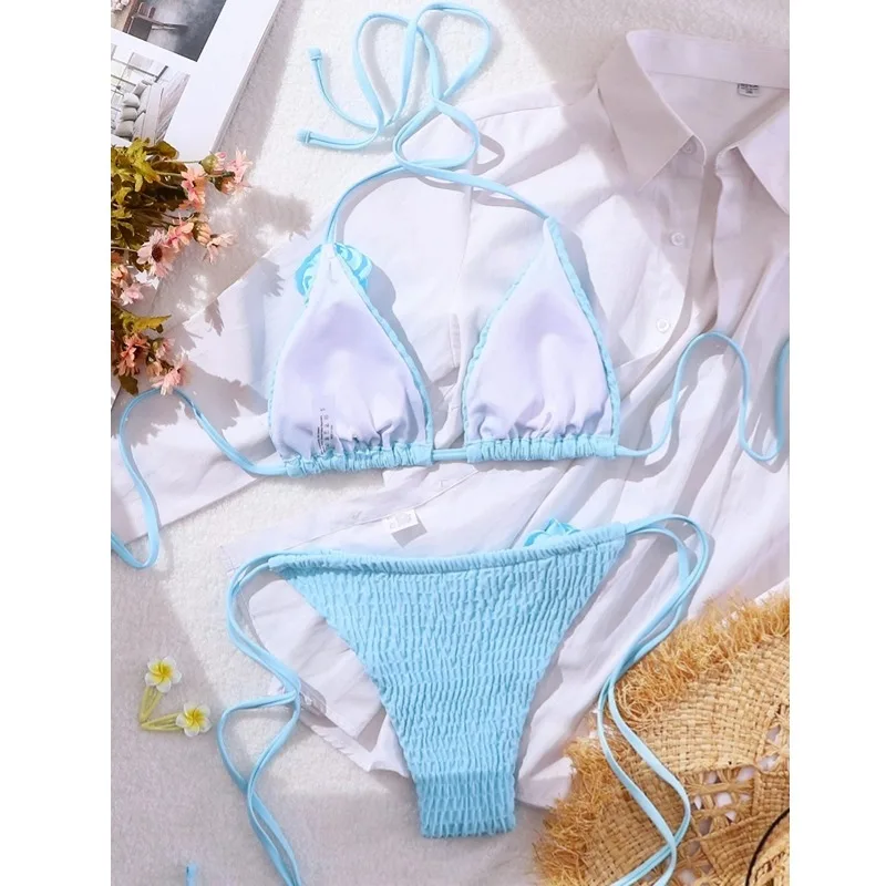 2024 Sexy Women 3D Rose Bikini Set Two Piece Tie Back Halter Cheeky Swimsuit Bathing Suit