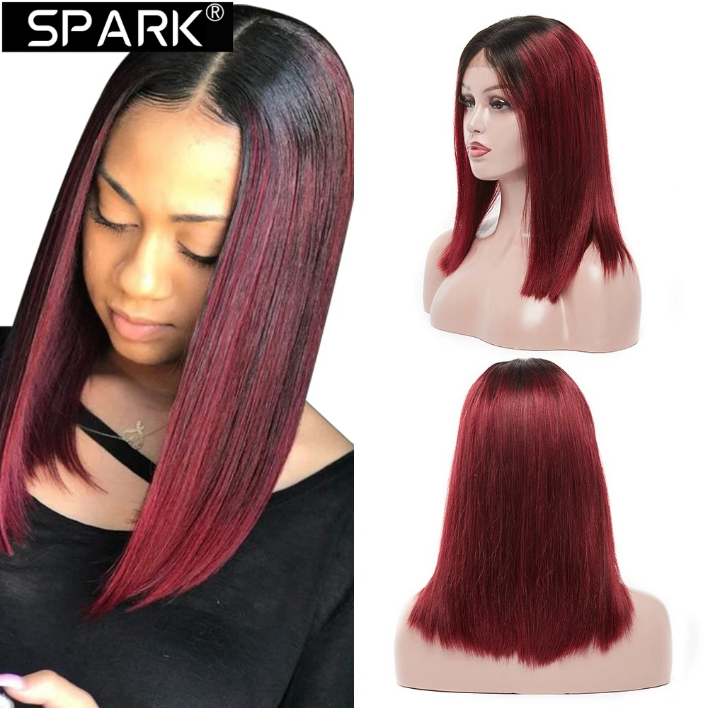 

SPARK T1B/99J Straight Bob Red Burgundy Short Bob Wigs 13x4 Lace Front Wigs For Women Human Hair Transparent Lace 180% Density