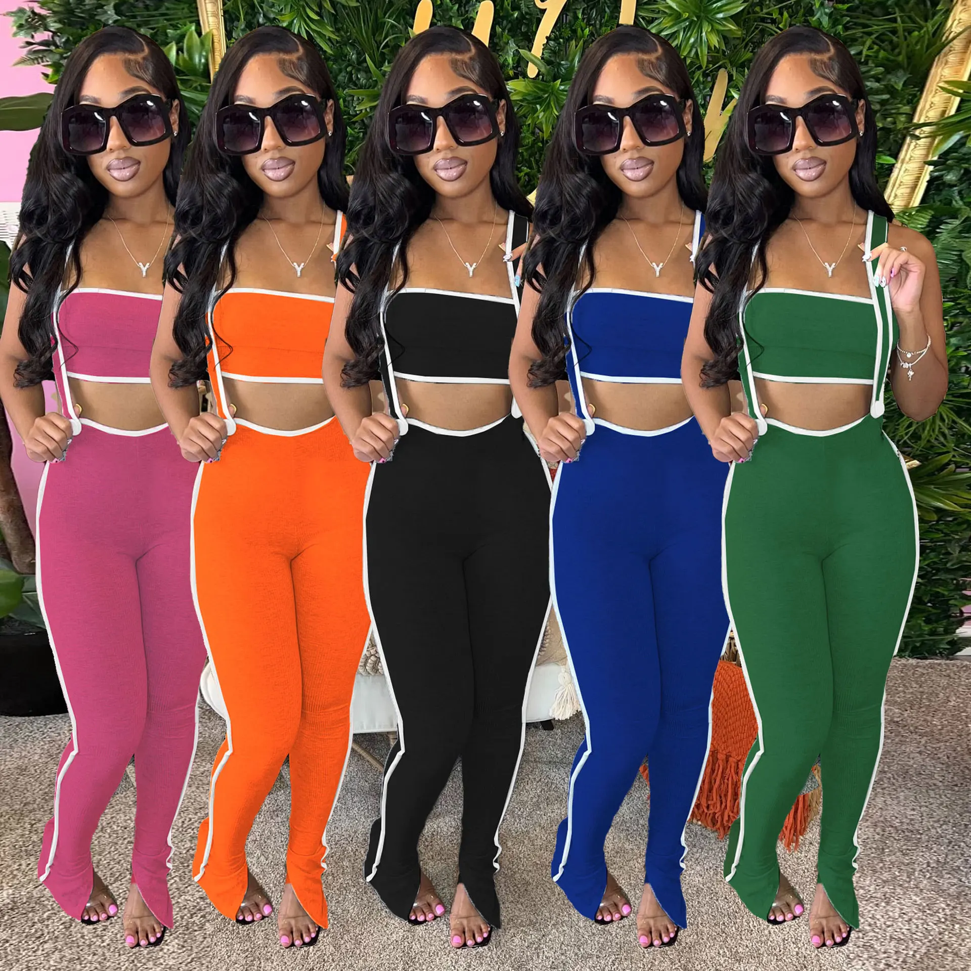 

Women Patchwork Two Piece Set Strapless Tube Crop Tops Spaghetti Straps High Waist Split Pants Casual Slim High Stretch Suits
