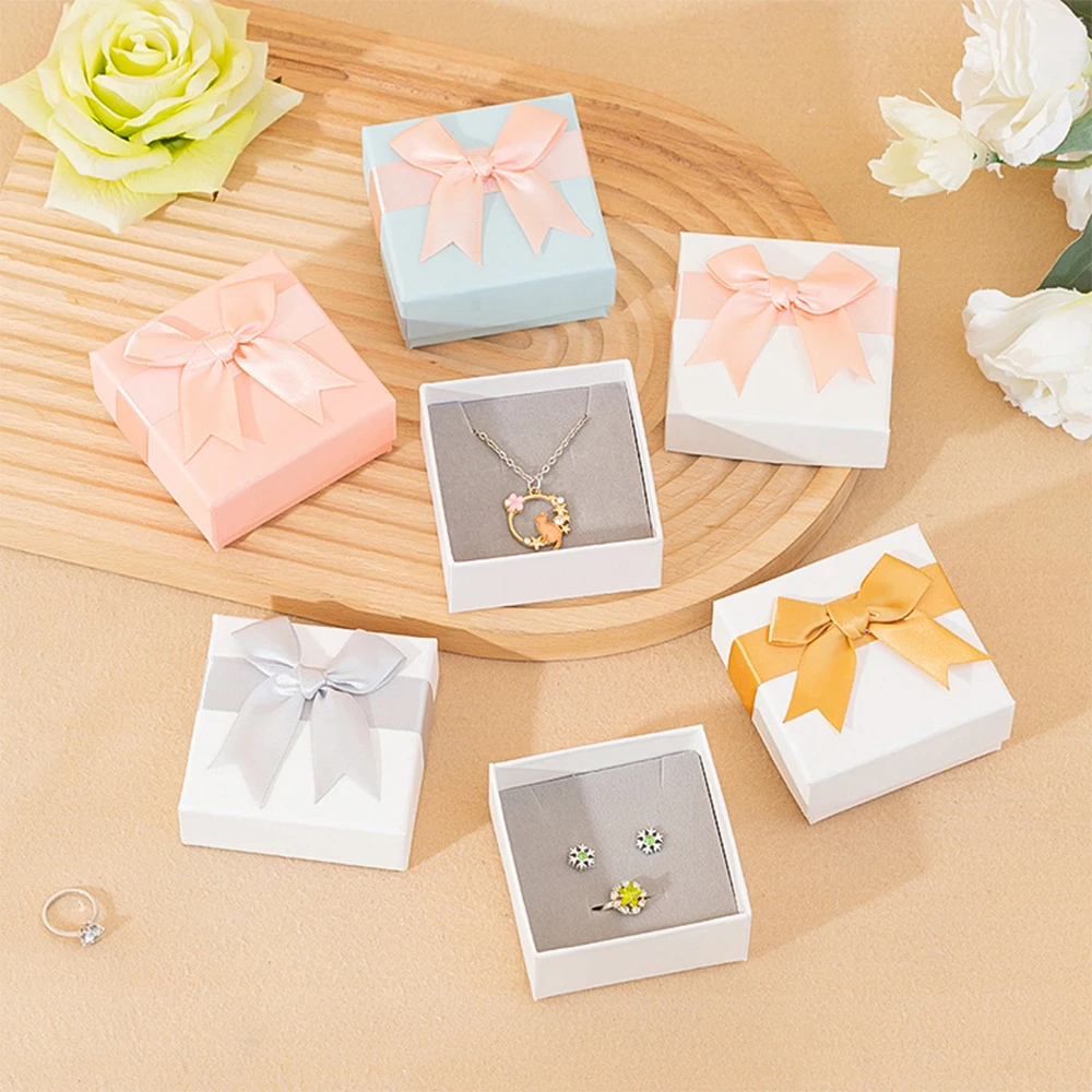 20Pcs White Jewelry Box with Bow DIY Necklaces Rings Earrings Bracelet Case Grey Sponge Weddings Valentine'day Gift For Girl
