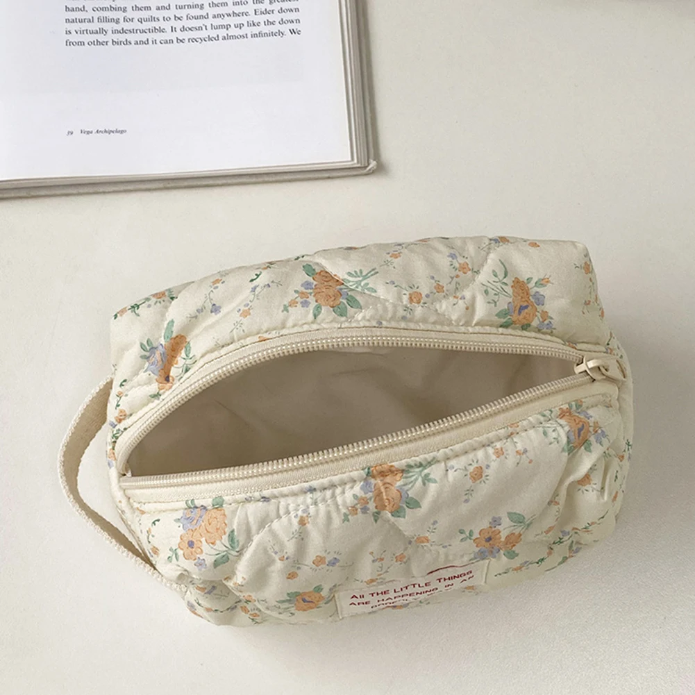 Korean Quilted Cosmetic Bag Floral Print Toiletry Bag Cotton Fabric