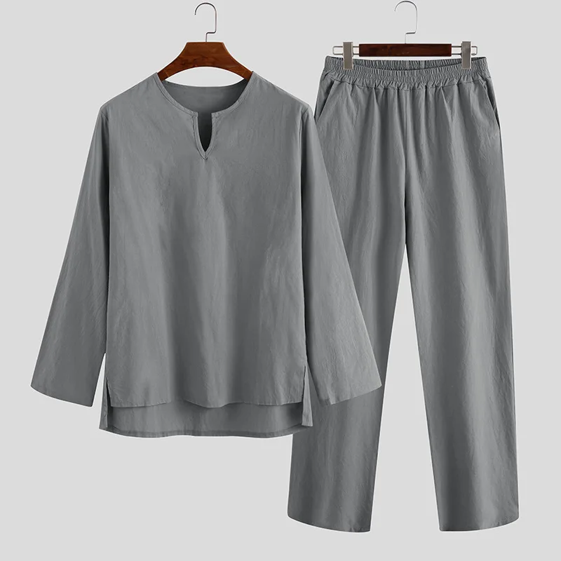 New Solid Color Simple Loose Version Home Shirt Trousers Long Sleeves Men's Loungewear Casual Suit