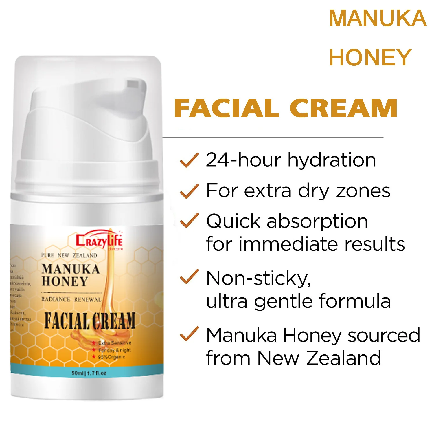 2pcs 95% Organic Manuka Honey Shrink Pores Moisturizing Whitening Face Serum Smoothing Plumping Brightening Cream Anti wrinkle