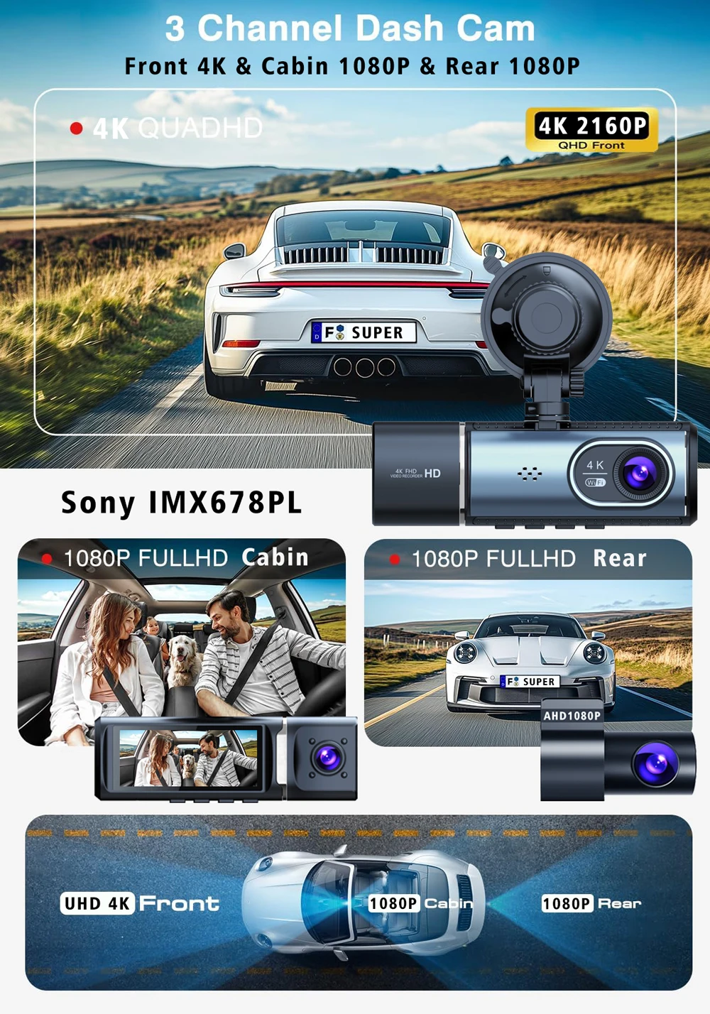 Description Picture 3 of item3 Channel 4K Dash Cam WIFI GPS Car Dvr Interior Camera Cabin Vehicle Recorder Dashcam Camcorder Video Registrator DVRS Black Box