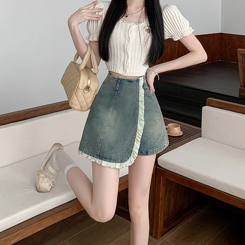 Summer new irregular denim skirt a word half-body skirt female high waist thin temperament package hip shorts skirt