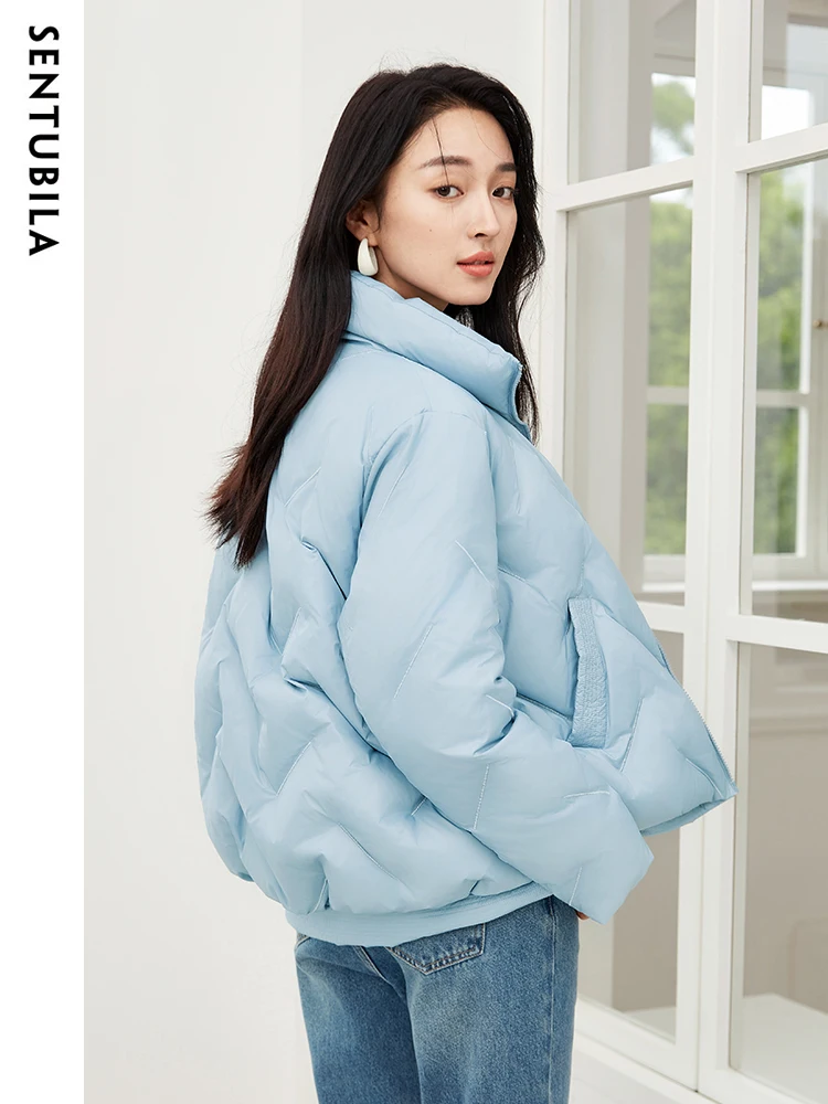 SENTUBILA Winter 90 White Duck Short Down Jacket Women 2023 Zipper Stand Collar Crop Down Coats Warm Puffer Jackets W34Y49505