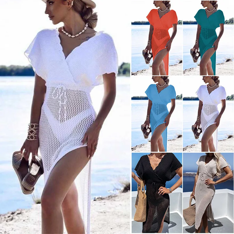 

2024 New Beach Sunscreen Clothing Solid Color Sexy Hollow Spliced Tie Up Biki Swimsuit Sunscreen Shirt for Women YC220