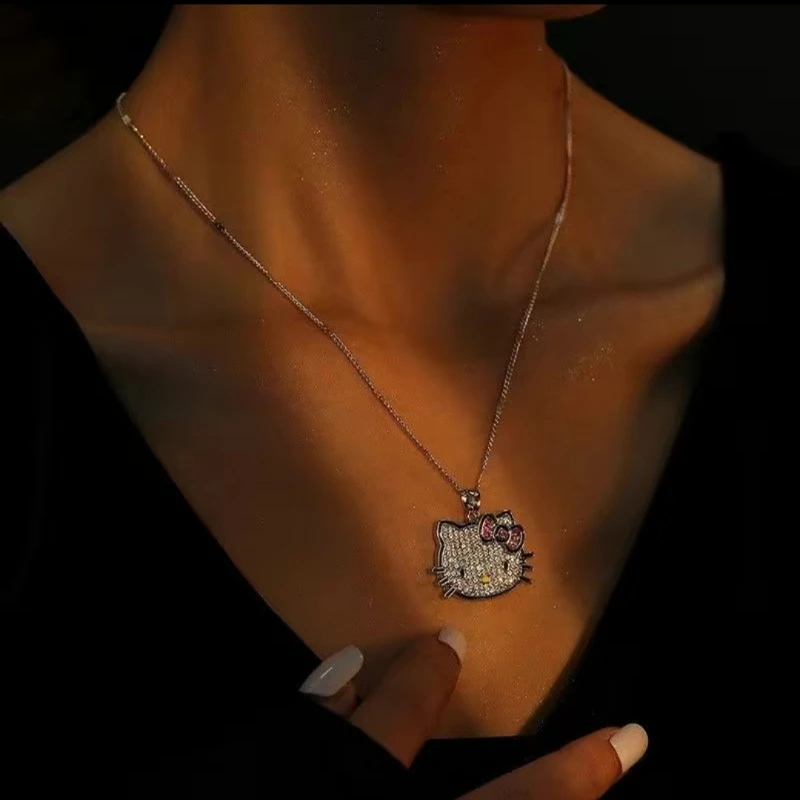 

Kawaii Anime Hellokittys Diamond Necklace Sanrio Cartoon Pendant Student Collarbone Chain Jewelry Girl Birthday Accessory Gift
