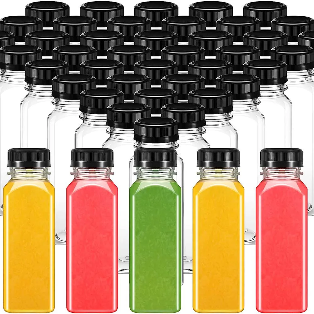 

12PCS Plastic Juice Bottles with Caps Drink Containers Bulk Empty Reusable Clear Bottles PET Plastic Bottles for Milk Juice