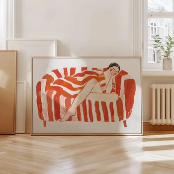 Arte astratta moderna da parete - Donna rilassante su divano a strisce rosso arancione - Grande decorazione con stampa su tela - Disegno a tratteggio unico senza cornice