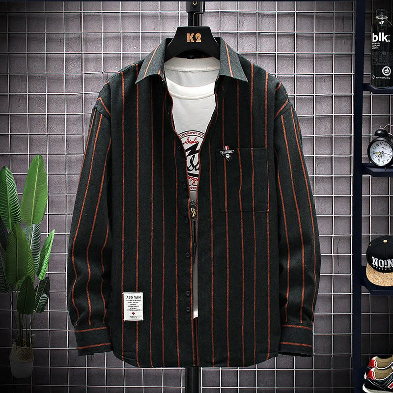 Fashion Lapel Button Spliced Pockets Striped Coats Men's Clothing 2023 Autumn New Oversized Casual Tops Loose Korean Jackets