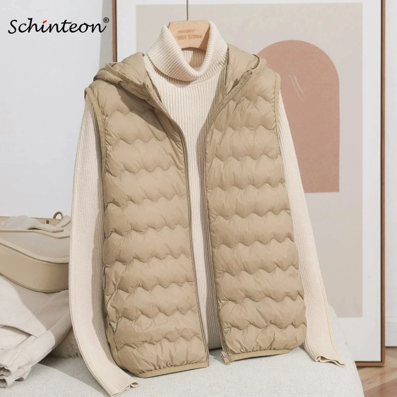 Schinteon – gilet léger en duvet de canard blanc pour femme, haut chaud avec capuche, nouvelle veste sans manches, automne-hiver, 90%