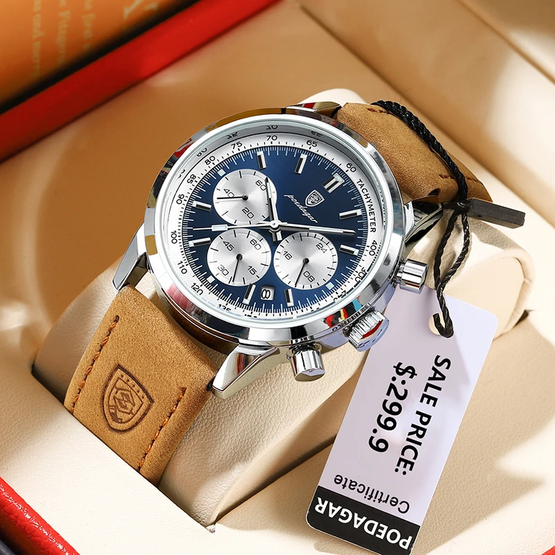 POEDAGAR Men Quartz Watch Luxury Sports Luminous Date Man Wristwatch Business Waterproof Chronograph Leather Men's Watches Clock