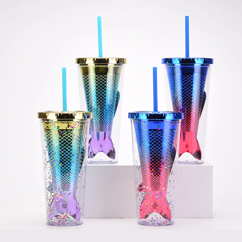 

2023 New Double Layer Plastic Mermaid Tail Straw Cup Creative Gradients Girls' Water Cup Milk Tea Cups 350ml