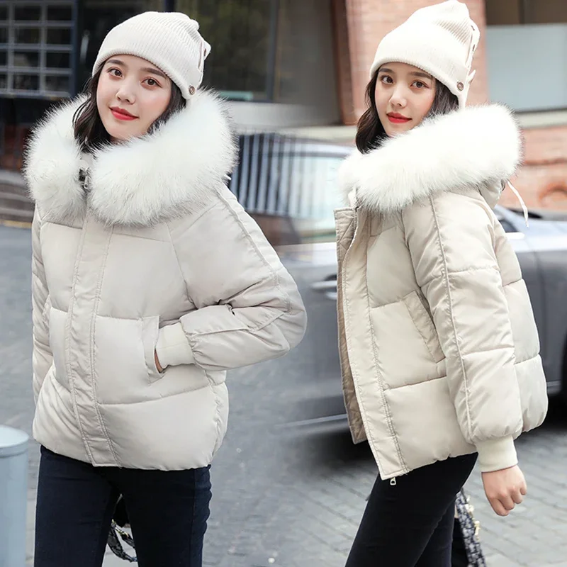 Women's Winter Coats Solid Simple Parkas Fashion Large Fur Collar Hooded Thick Cotton Down Thickened Jackets 2023 Female Outwear