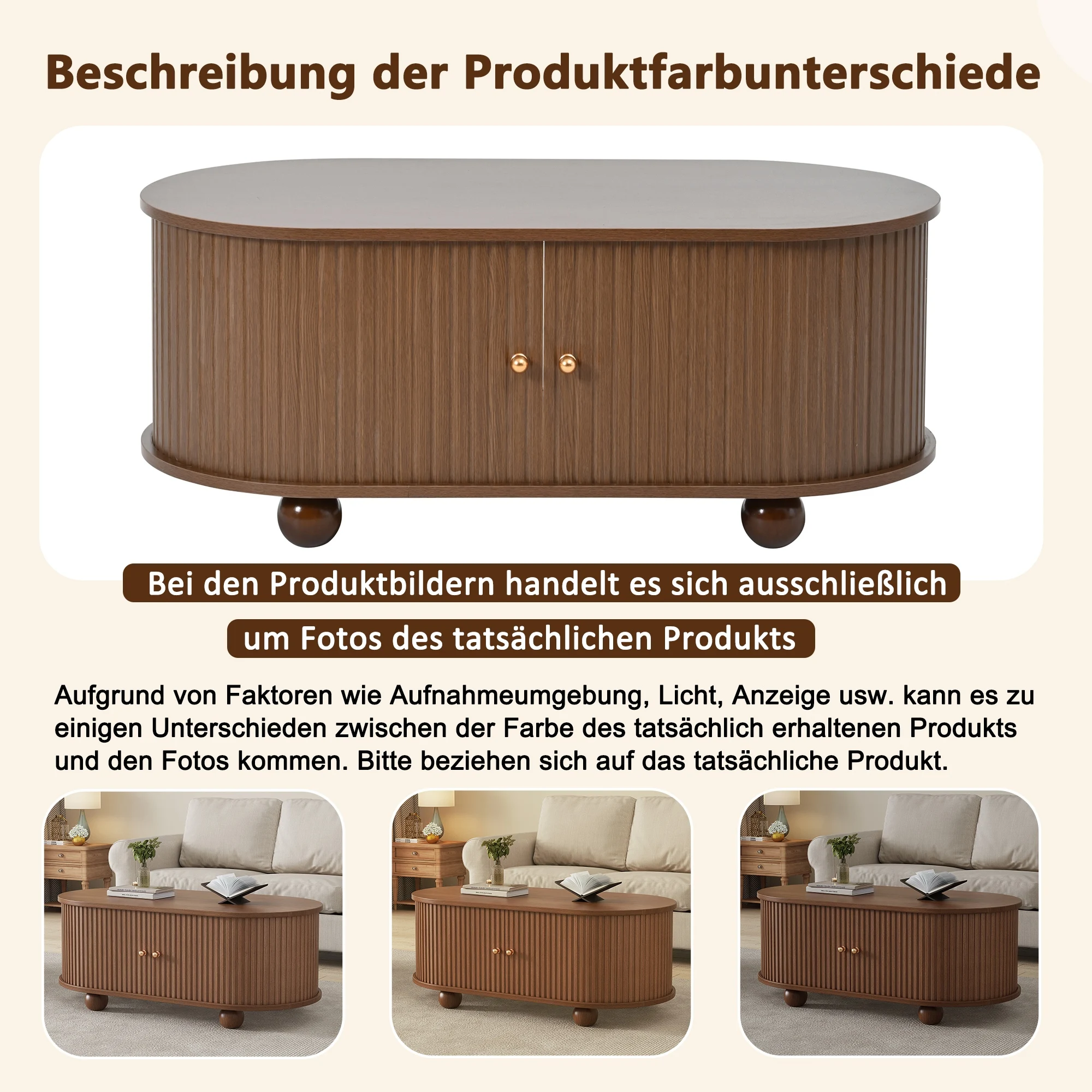 KOMHTOM Nussbaum-Couchtisch 100x50x40 cm - mit Stauraum und 360-Grad-Schiebetüren, mit 4 Beinen – Detail 6