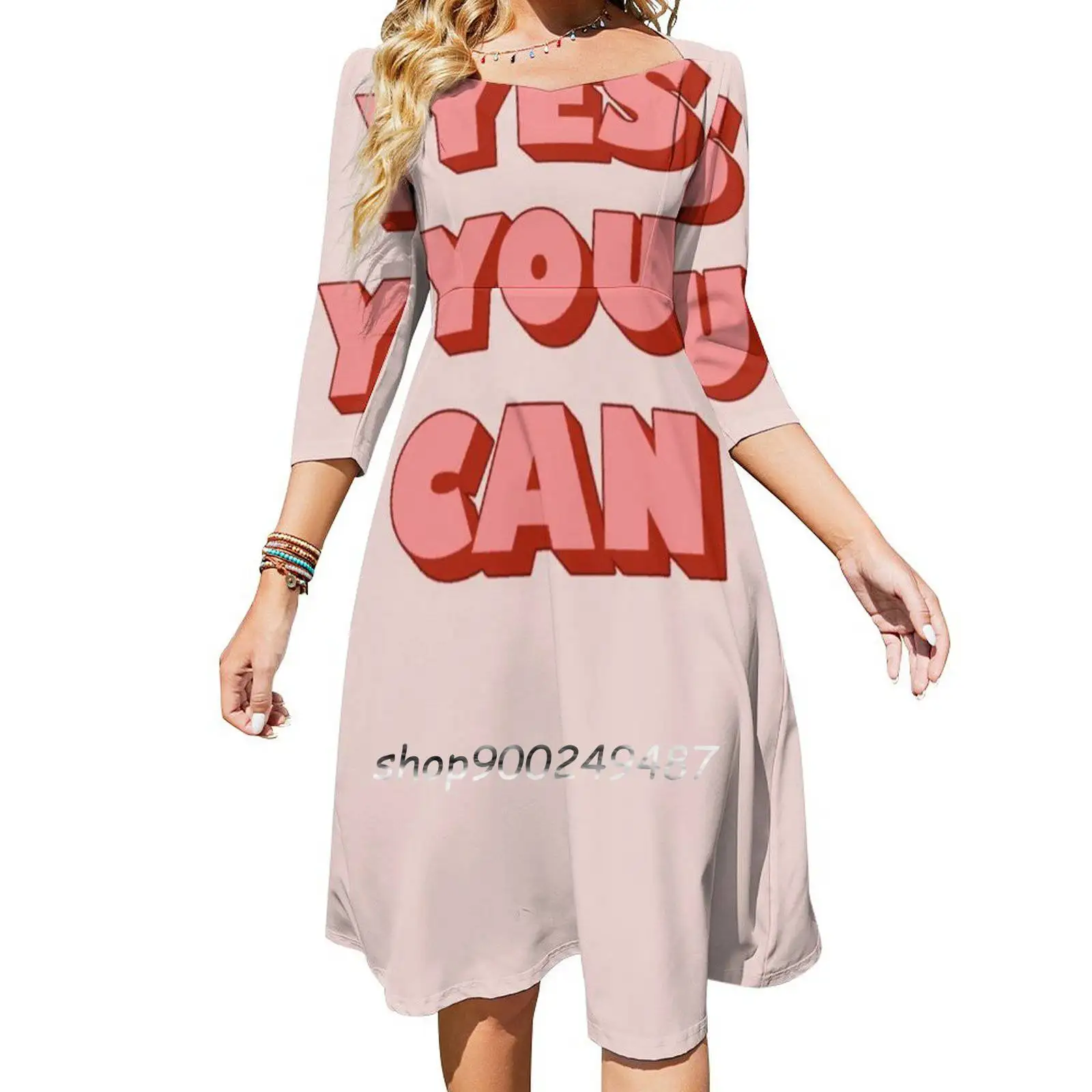 

Yes You Can Square Neck Dress Cute Loose Print Dresses Elegant Beach Party Dress Motivational Quote Typography Word Art Type