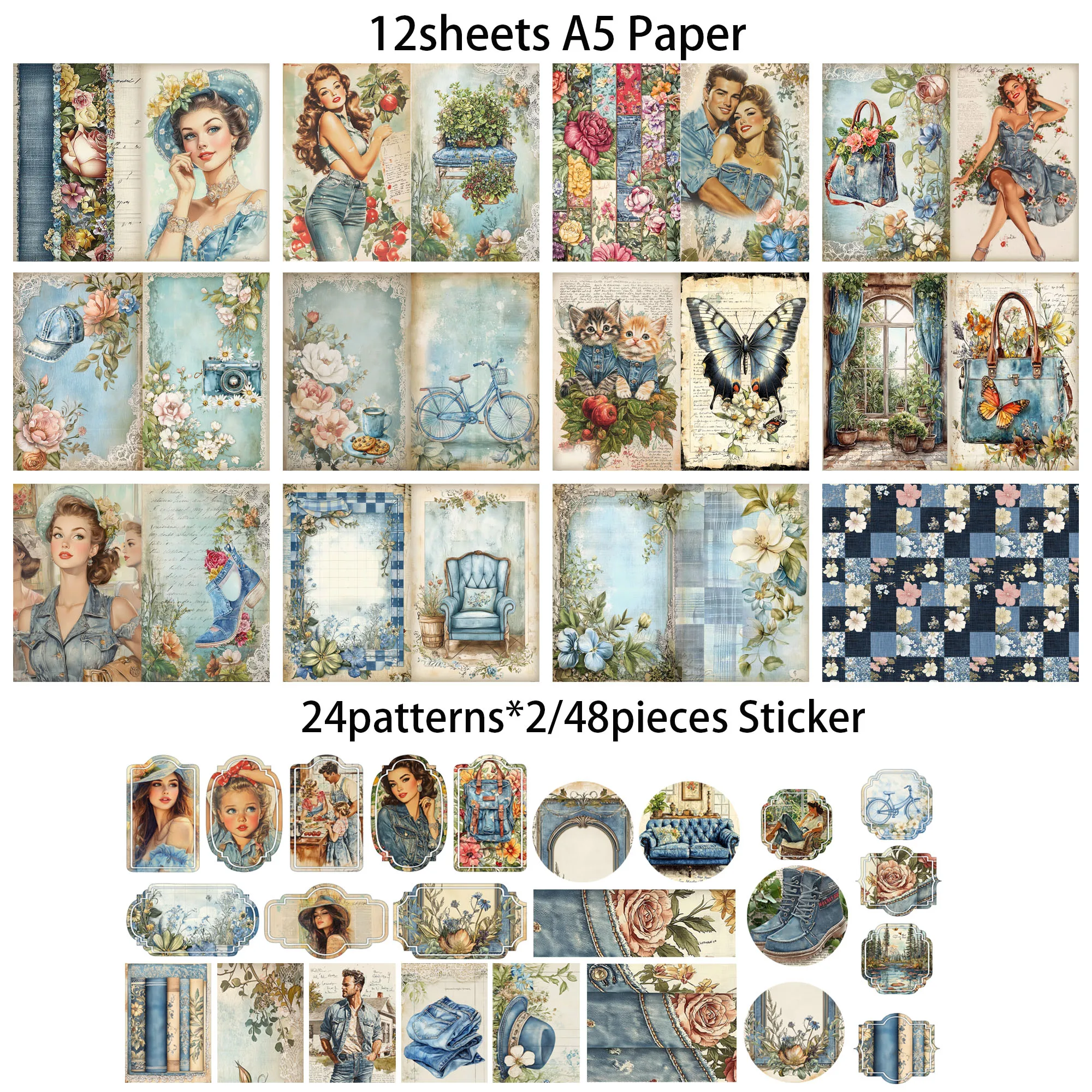 JAIIMAN 60 Stück (Papier und Aufkleber) Denim Fantasy Woman Junk Journal Papierzubehör-Set, für Kunsthandwerk, Scrapbooking-Zubehör – Detail 7