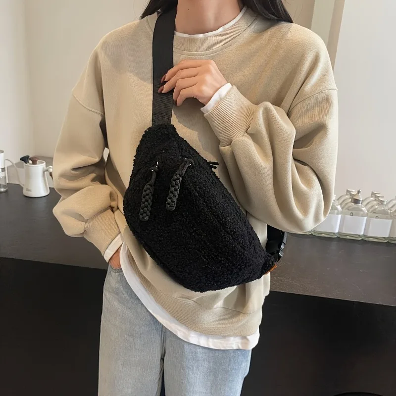 Men's Women's Casual Solid Color Plush Material Chest Bag, Fashionable Daily Commuting Waist Bag, Plush Crossbody Shoulder Bag