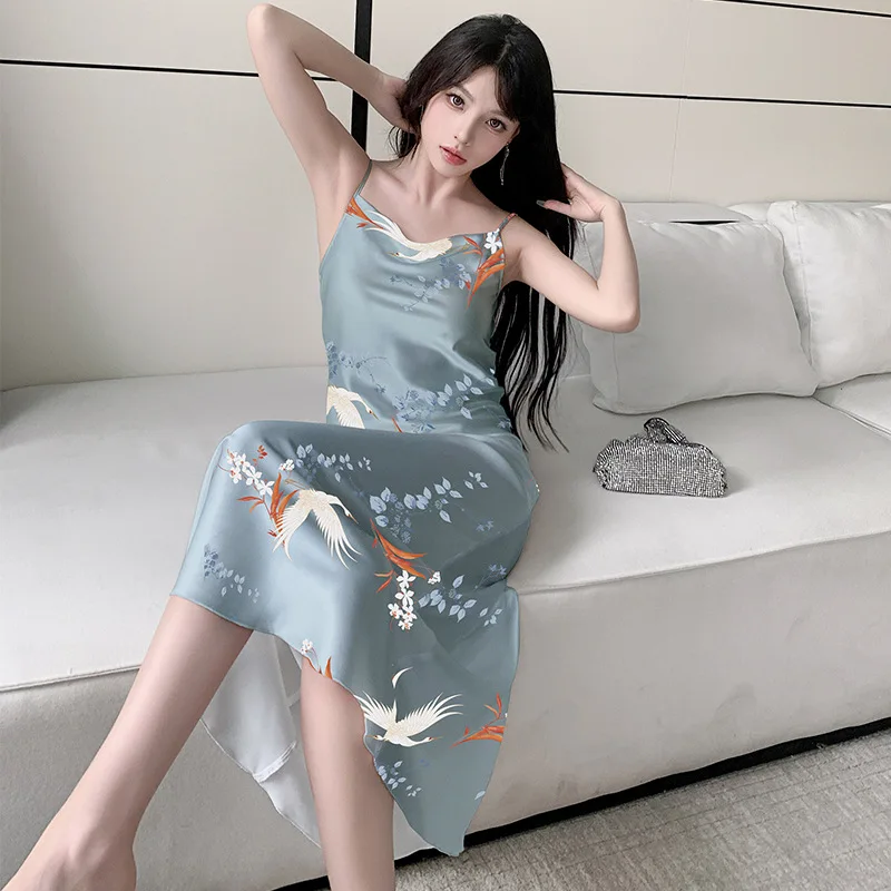 

Ночная сорочка женская на бретельках, пикантная длинная ночная рубашка с принтом, Летняя женская одежда для сна, домашняя одежда