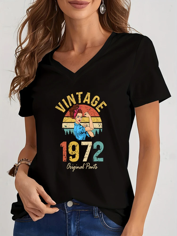 2025 Women's Vintage 1970-1979 Theme Shirts V Neck Casual