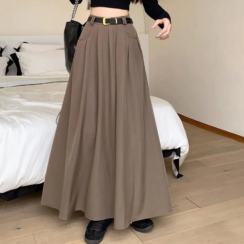 

Flared Skirt with Pockets Stylish Women's A-line Midi Skirt with Pockets for Autumn Summer Elegant Solid Color Lady Skirt Casual