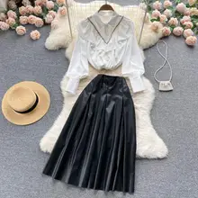 

Spring New 2 Pieces Set Women Ruffle Diamond Chiffon Lantern Sleeve Blouse Shirts Tops +Pleated Maxi PU Faux Leather Skirt Suits