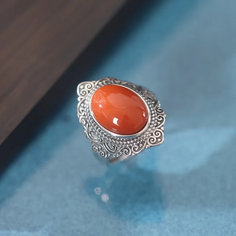 

JZ381 ZFSILVER Thai Silver 925 Fashion Hetian Jade South Red Agate Luxury Retro Stone Oval Girl Ring Women Wedding Party Jewelry