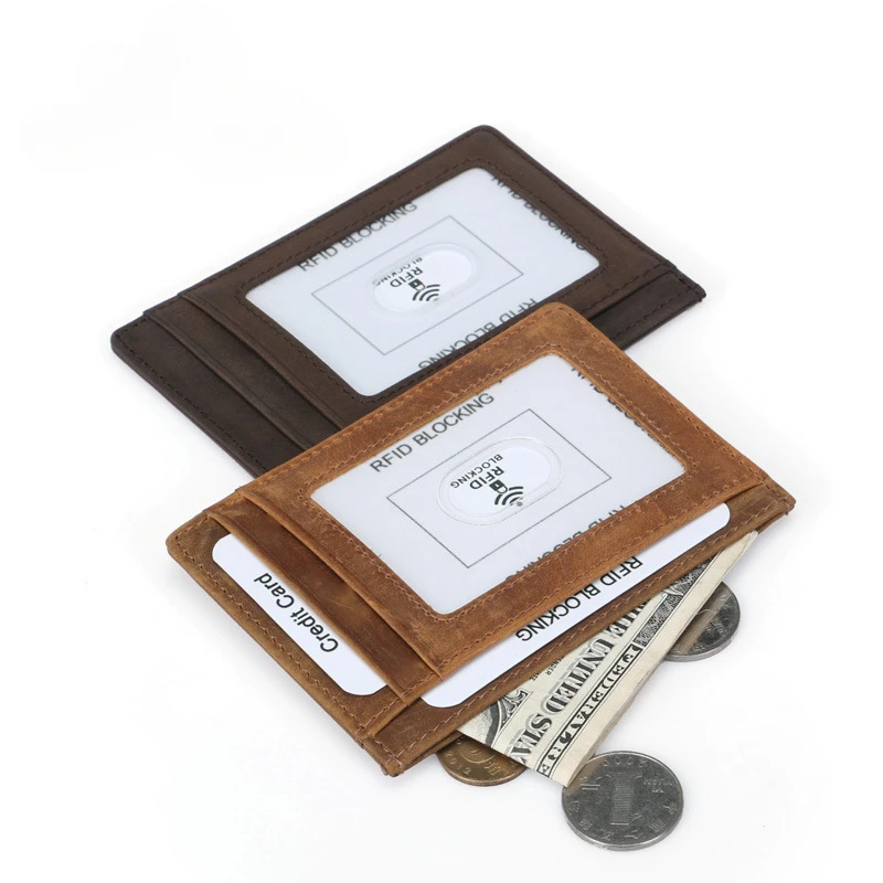 New style men's first layer crazy horse cowhide RFID card case casual fashion retro credit card case.