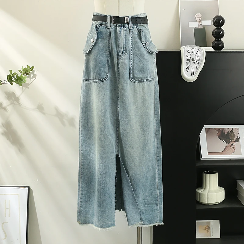 

Women Chic Split Denim Full Skirt High Waist Elegant Korean Fashion Wrap Skirt Sweet Summer Clothing
