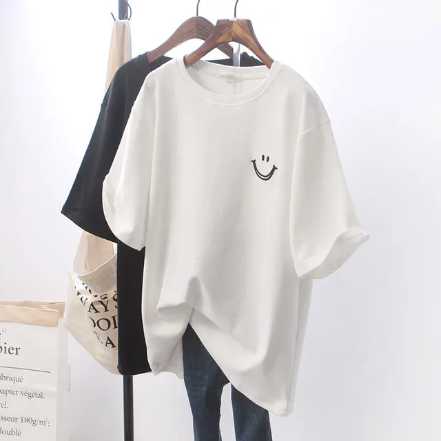 Loose White Black Short-sleeved T-shirt Smile Face Printed Women's Top 2022 Summer New KoreanWoman Streetwear Tshirts 1