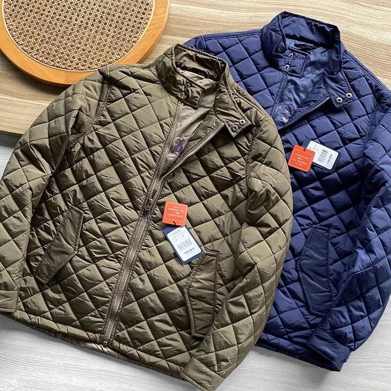 

Autumn Winter Men Lightweight Quilted Diamond Plaid Cotton Jacket Waterproof Warm Casual Cotton Coat Male
