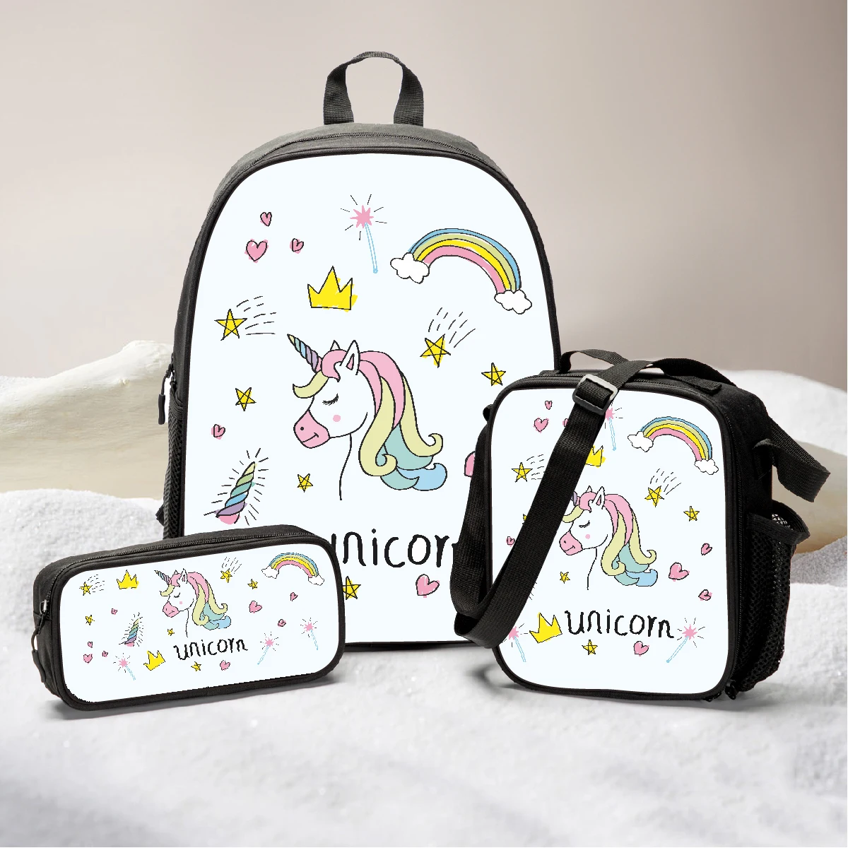 

Personalised White cartoon horse Cartoon 3 PCS Set Children Lunch and Pencil Bag School Backpack Girls Back Pack Kid