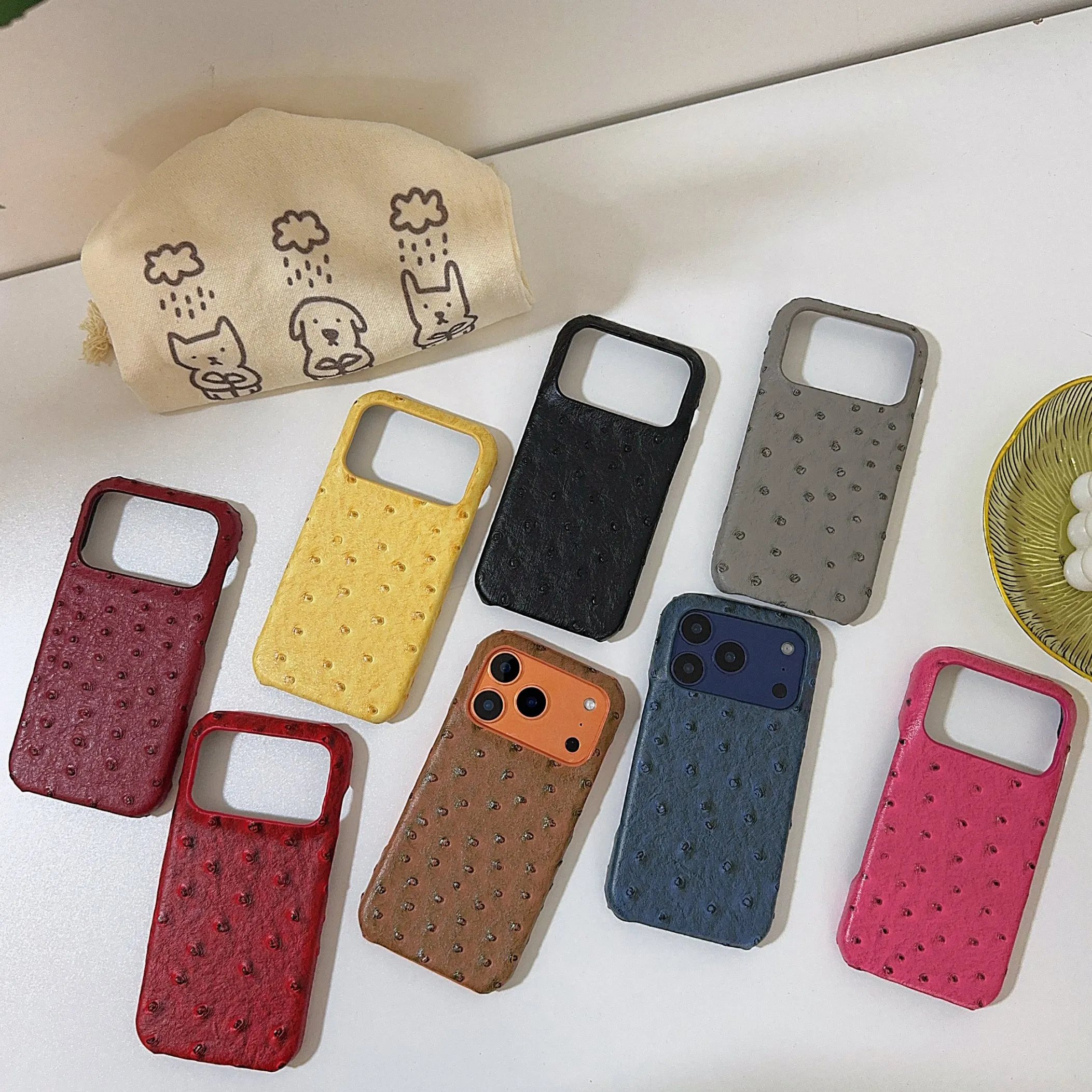 Straußenleder-Optik PU-Lederhülle für iPhone 17 16 15 14 Handyhülle 17 15 14 13 12 11 Pro MAX Stoßfeste Hartschale Rückseite Funda