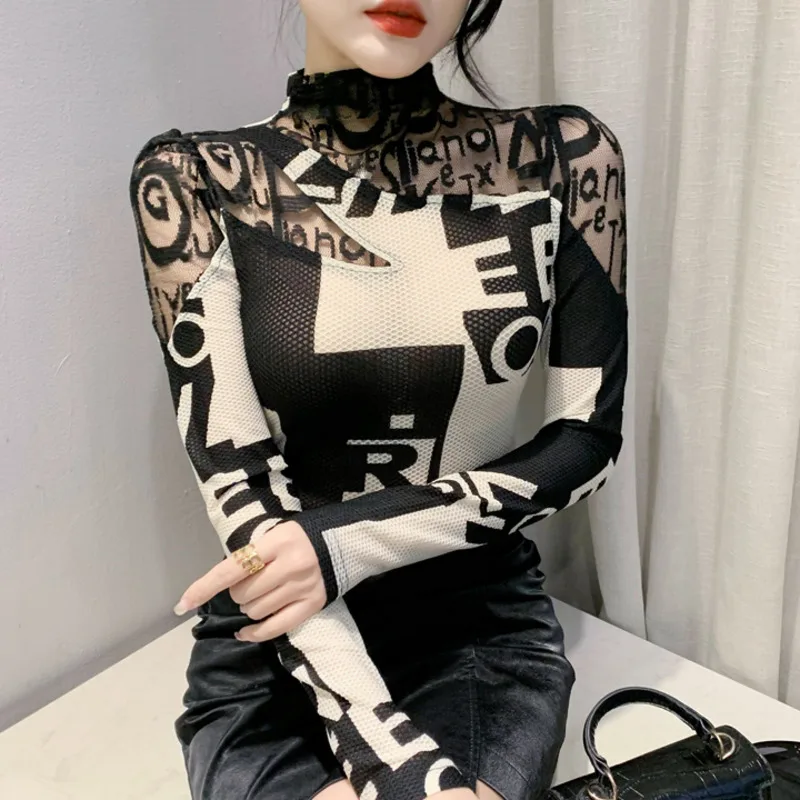 

#8372 Spring Long Sleeve T Shirt Women Hollow Out Turtleneck T-Shirt Female Tight See Through Mesh Elastic Women's T-shirt