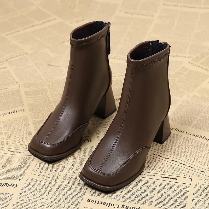 

Ботильоны женские из искусственной кожи на молнии сзади, брендовые привлекательные полусапожки на высоком устойчивом каблуке, с квадратным носком, для зимы