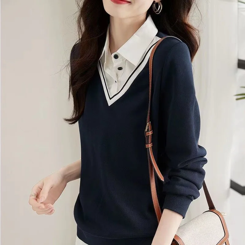 2022 Autumn Fashion Two Fake Pieces Patchwork Shirt Women Interior Lapping New Long Sleeve Polo Collar Office Button Lady Top